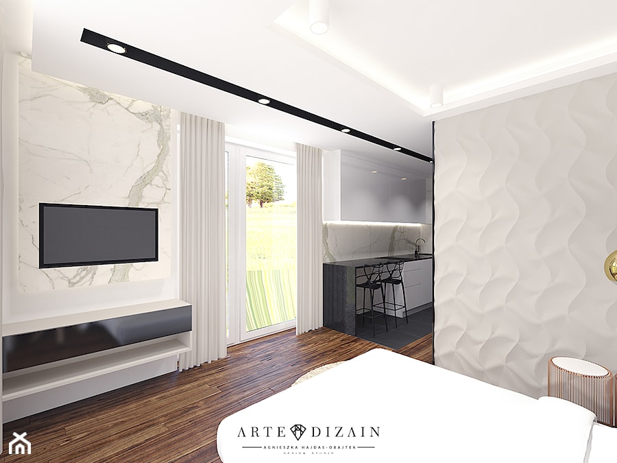 Wizualizacja wnętrz apartamentów w Sopocie - Średnia biała z panelami tapicerowanymi sypialnia, styl nowoczesny - zdjęcie od Arte Dizain