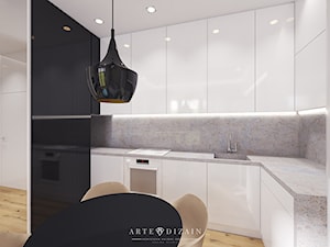 Wizualizacja mieszkania w Orłowie - Średnia z salonem z kamiennym blatem z podblatowym zlewozmywakiem kuchnia w kształcie litery l z kompozytem na ścianie nad blatem kuchennym, styl nowoczesny - zdjęcie od Arte Dizain