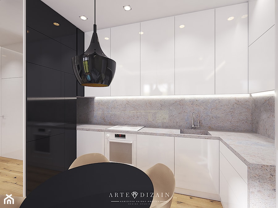 Wizualizacja mieszkania w Orłowie - Średnia z salonem z kamiennym blatem z podblatowym zlewozmywakiem kuchnia w kształcie litery l z kompozytem na ścianie nad blatem kuchennym, styl nowoczesny - zdjęcie od Arte Dizain