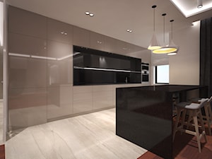 Mieszkanie w Gdyni Małym Kacku - Duża otwarta z kamiennym blatem czarna szara z zabudowaną lodówką kuchnia jednorzędowa z oknem z marmurową podłogą - zdjęcie od Arte Dizain