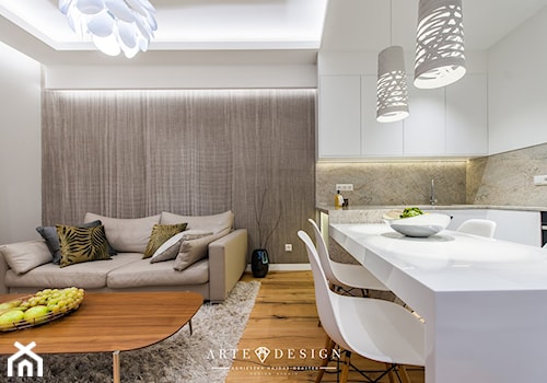 Mieszkanie Nowe Orłowo - Średnia beżowa biała jadalnia w salonie w kuchni, styl nowoczesny - zdjęcie od Arte Dizain