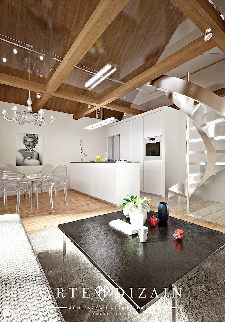 Mała otwarta z salonem biała z zabudowaną lodówką kuchnia dwurzędowa z wyspą lub półwyspem - zdjęcie od Arte Dizain - Homebook