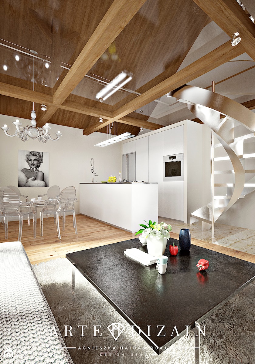 Mała otwarta z salonem biała z zabudowaną lodówką kuchnia dwurzędowa z wyspą lub półwyspem - zdjęcie od Arte Dizain