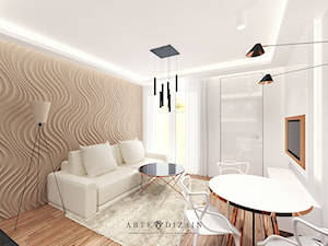 Wizualizacja wnętrz apartamentów w Sopocie - Mały biały brązowy salon z jadalnią, styl nowoczesny - zdjęcie od Arte Dizain