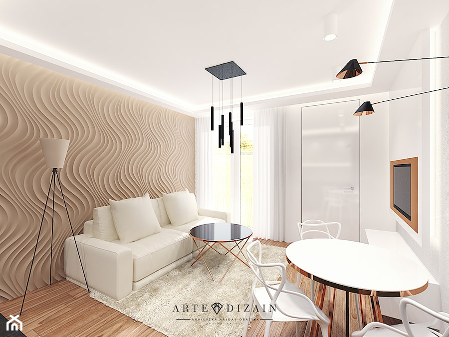 Wizualizacja wnętrz apartamentów w Sopocie - Mały biały brązowy salon z jadalnią, styl nowoczesny - zdjęcie od Arte Dizain