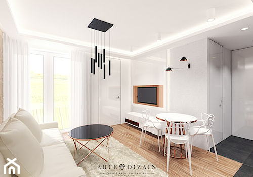 Wizualizacja wnętrz apartamentów w Sopocie - Średni biały salon z jadalnią, styl nowoczesny - zdjęcie od Arte Dizain