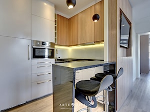 Mieszkanie na wynajem - Sopot - Mała otwarta z salonem z zabudowaną lodówką kuchnia w kształcie litery u z wyspą lub półwyspem, styl nowoczesny - zdjęcie od Arte Dizain