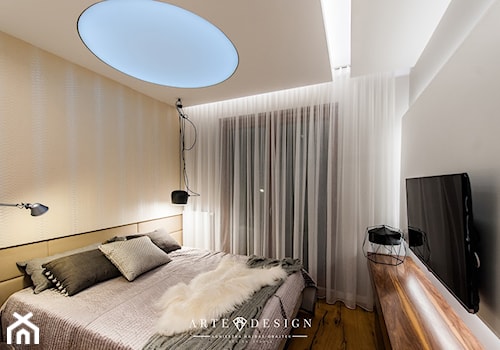 Sypialnia z łazienką Nowe Orłowo - Średnia beżowa biała szara sypialnia, styl nowoczesny - zdjęcie od Arte Dizain