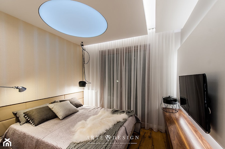 Sypialnia z łazienką Nowe Orłowo - Średnia beżowa biała szara sypialnia, styl nowoczesny - zdjęcie od Arte Dizain