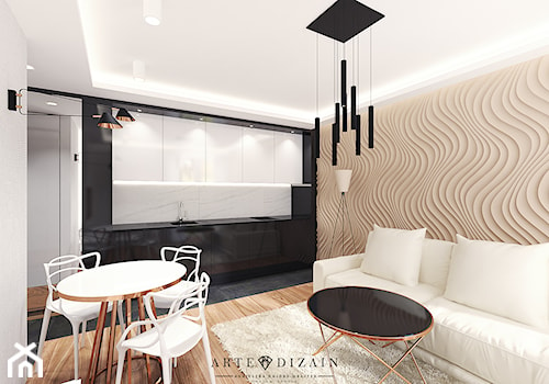 Wizualizacja wnętrz apartamentów w Sopocie - Mały beżowy biały salon z kuchnią z jadalnią, styl nowoczesny - zdjęcie od Arte Dizain