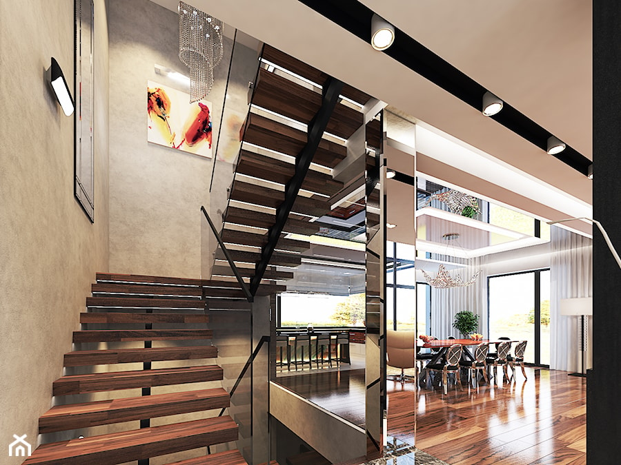 Projekt apartamentu w Gdyni - Schody dwubiegowe drewniane metalowe, styl nowoczesny - zdjęcie od Arte Dizain