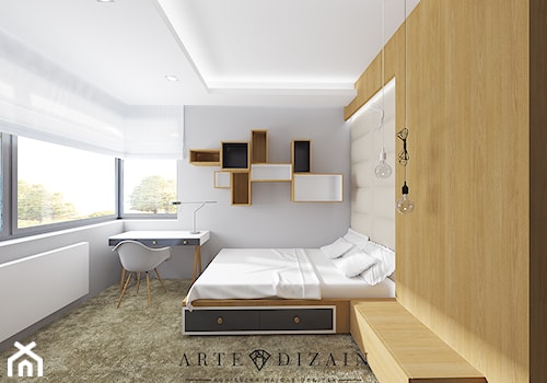 Dom w Gdyni - Średnia beżowa szara z biurkiem z panelami tapicerowanymi sypialnia - zdjęcie od Arte Dizain