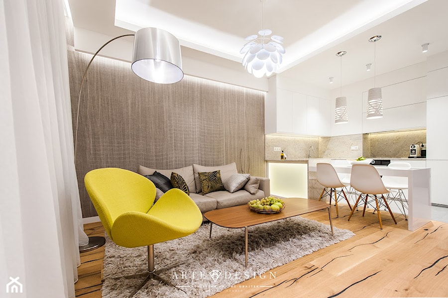 Mieszkanie Nowe Orłowo - Mały biały salon z kuchnią z jadalnią, styl nowoczesny - zdjęcie od Arte Dizain