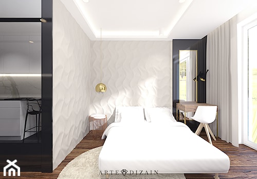 Wizualizacja wnętrz apartamentów w Sopocie - Średnia czarna szara sypialnia, styl nowoczesny - zdjęcie od Arte Dizain