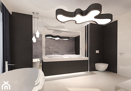 Dom w Sztumie - Duża z lustrem z dwoma umywalkami z punktowym oświetleniem łazienka z oknem - zdjęcie od Arte Dizain