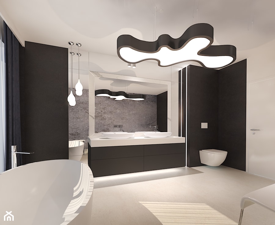 Dom w Sztumie - Duża z lustrem z dwoma umywalkami z punktowym oświetleniem łazienka z oknem - zdjęcie od Arte Dizain