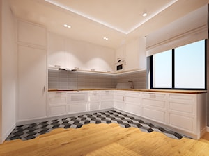 Dom w Górnym Sopocie - Duża z salonem biała szara z zabudowaną lodówką z podblatowym zlewozmywakiem kuchnia w kształcie litery l z oknem - zdjęcie od Arte Dizain