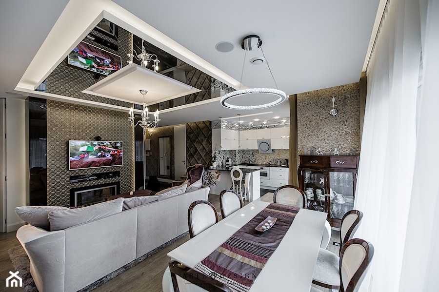 Elegancki apartament w Gdyni - Średnia biała jadalnia w salonie, styl glamour - zdjęcie od Arte Dizain