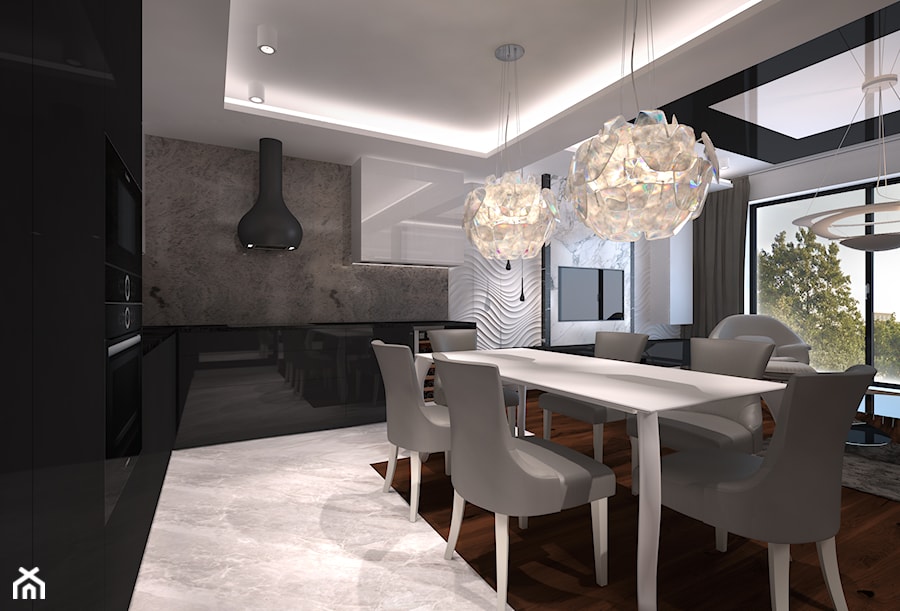 Mieszkanie w Brodnicy - Średnia biała czarna jadalnia w salonie w kuchni - zdjęcie od Arte Dizain