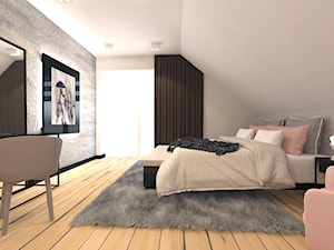 Dom w Rypinie - Średnia beżowa sypialnia na poddaszu z balkonem / tarasem - zdjęcie od Arte Dizain