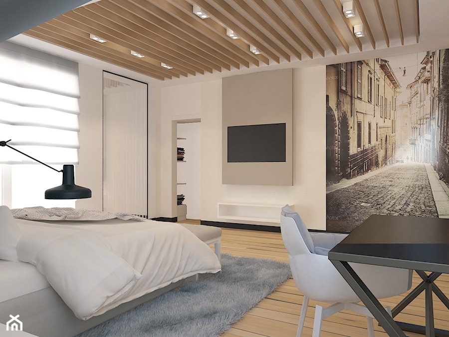 Dom w Rypinie - Duża beżowa z biurkiem sypialnia z garderobą - zdjęcie od Arte Dizain