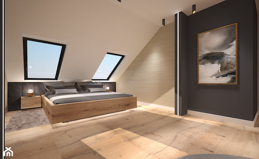 Dom w Kartuzach - Średnia beżowa czarna sypialnia na poddaszu - zdjęcie od Arte Dizain
