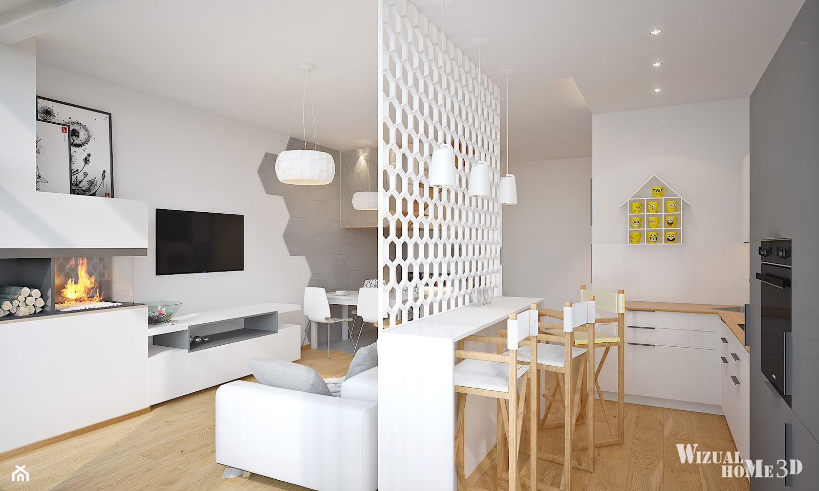 Wizualizacje projektów wnętrz - Mała biała jadalnia w salonie w kuchni - zdjęcie od WizualHome3D - wizualizacje CGI - Homebook