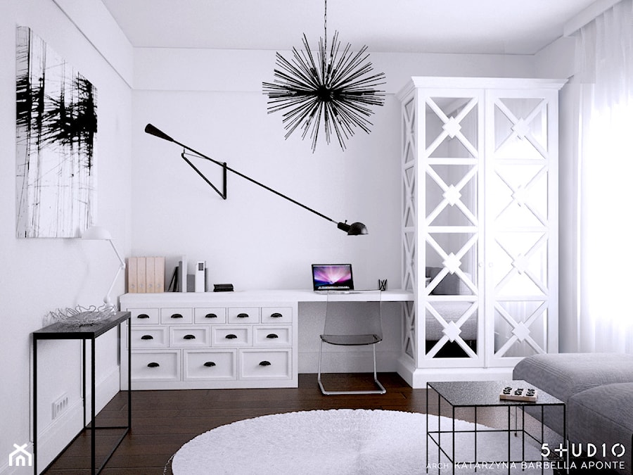 dom dla pary alternatywa - Średnie w osobnym pomieszczeniu z sofą z zabudowanym biurkiem białe biuro, styl skandynawski - zdjęcie od BARBELLA INTERIORS ( dawniej 5tud10 architektoniczne)