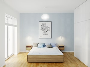 Giełda Niebieskośći - Duża biała niebieska sypialnia z balkonem / tarasem, styl minimalistyczny - zdjęcie od EG projekt
