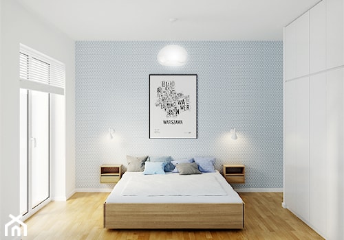 Giełda Niebieskośći - Duża biała niebieska sypialnia z balkonem / tarasem, styl minimalistyczny - zdjęcie od EG projekt