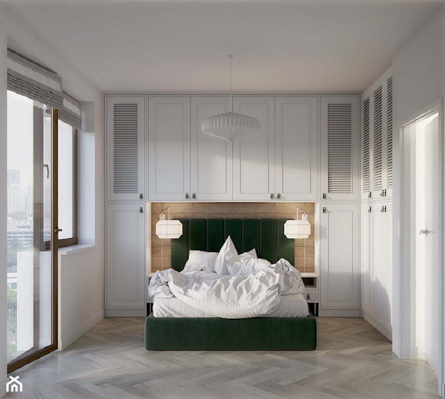 Zielone Bielany - Średnia biała sypialnia z balkonem / tarasem, styl skandynawski - zdjęcie od EG projekt