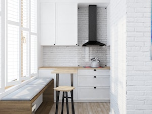 Al. Wilanowska - Mała otwarta biała z zabudowaną lodówką kuchnia w kształcie litery l jednorzędowa, styl skandynawski - zdjęcie od EG projekt