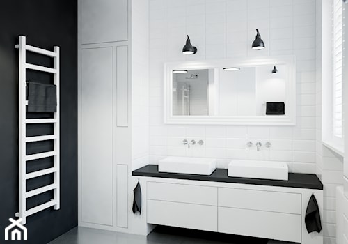 Francja na Powiślu - Średnia na poddaszu z dwoma umywalkami łazienka z oknem, styl skandynawski - zdjęcie od EG projekt