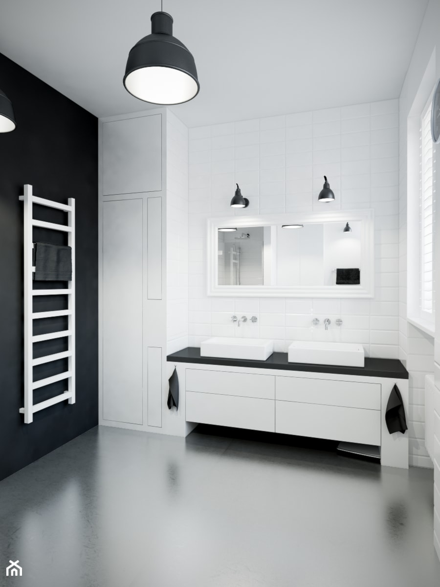 Francja na Powiślu - Średnia na poddaszu z dwoma umywalkami łazienka z oknem, styl skandynawski - zdjęcie od EG projekt