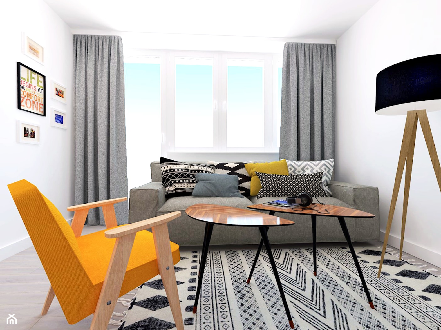 Żółto czarne akcenty - Mały biały salon, styl skandynawski - zdjęcie od EG projekt - Homebook