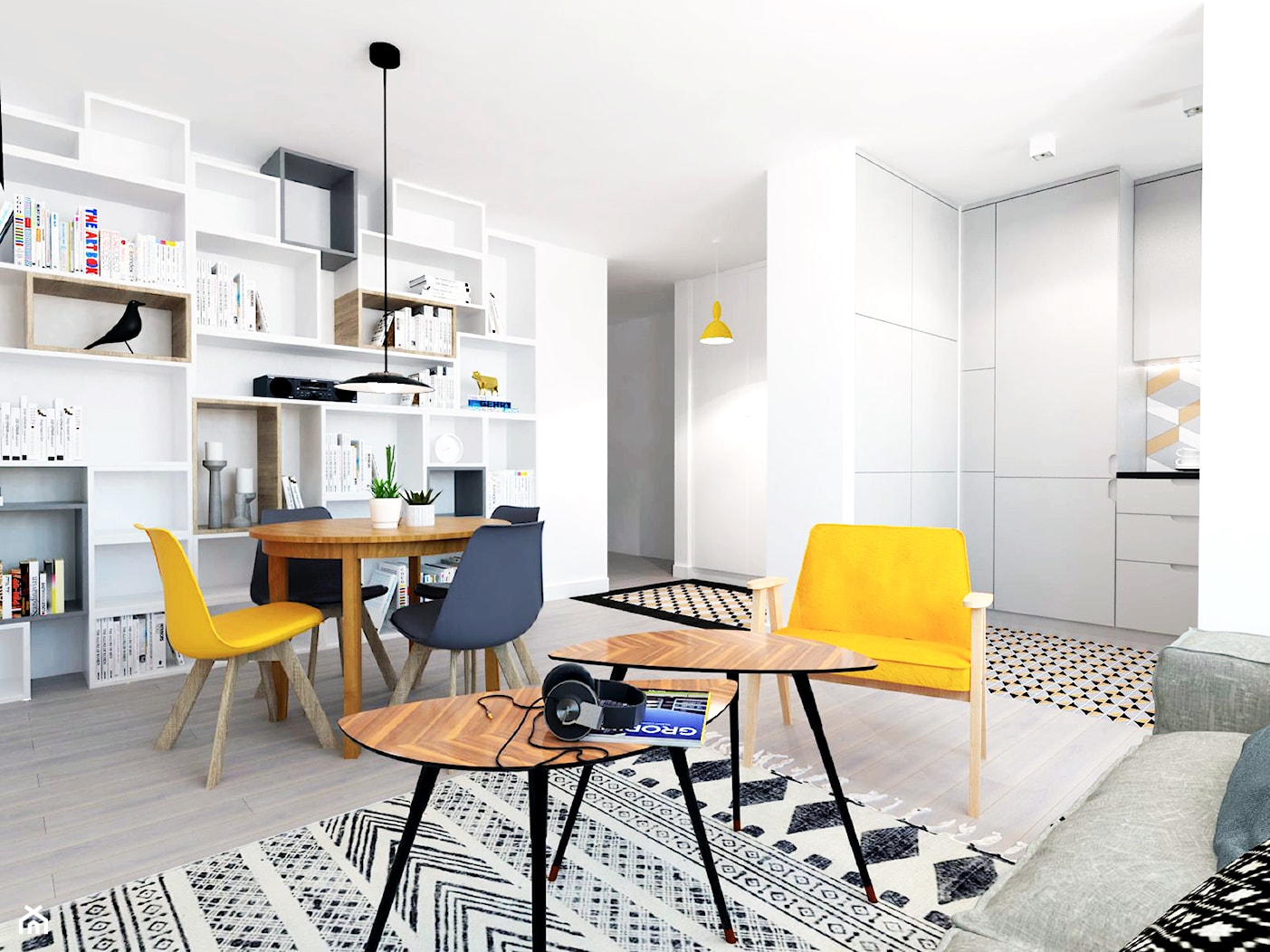 Żółto czarne akcenty - Mały biały salon z kuchnią z jadalnią, styl skandynawski - zdjęcie od EG projekt - Homebook