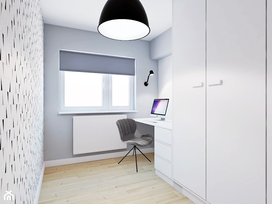 Turkusowy Bonifacy - Małe białe szare biuro, styl skandynawski - zdjęcie od EG projekt