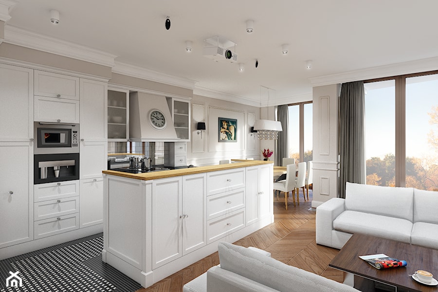 Eleganckie Powiśle - Duża otwarta biała z zabudowaną lodówką kuchnia jednorzędowa z wyspą lub półwyspem, styl glamour - zdjęcie od EG projekt