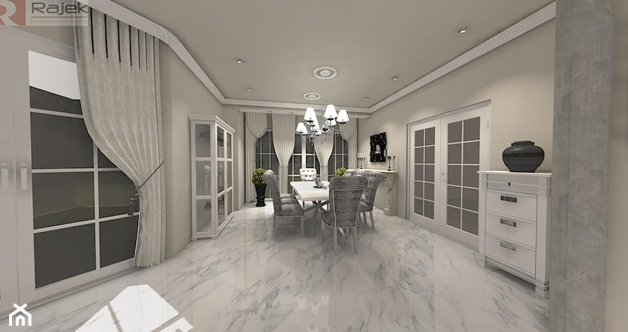 Dom Styl Glamour - Duża szara jadalnia w salonie, styl glamour - zdjęcie od Rajek Projektowanie Wnętrz