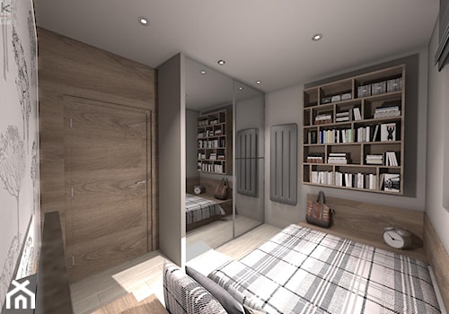 Kawalerka - optymalne wykorzystanie przestrzeni - Mała biała szara sypialnia, styl tradycyjny - zdjęcie od Rajek Projektowanie Wnętrz