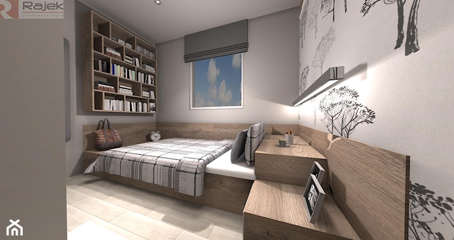 Kawalerka - optymalne wykorzystanie przestrzeni - Średnia sypialnia, styl tradycyjny - zdjęcie od Rajek Projektowanie Wnętrz