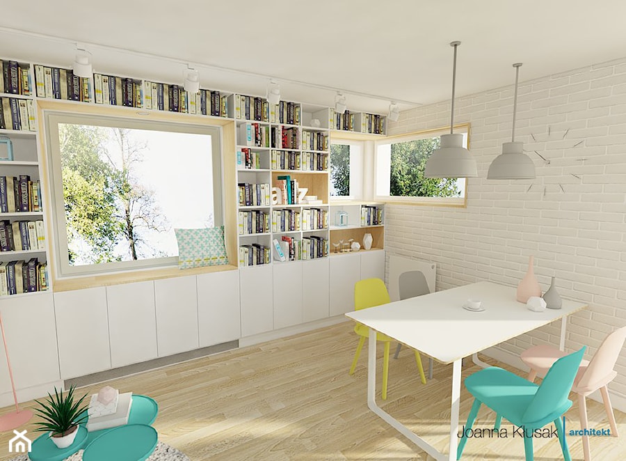 Mieszkanie na Ruczaju - Biały salon z jadalnią z bibiloteczką, styl skandynawski - zdjęcie od Joanna Kłusak Architekt