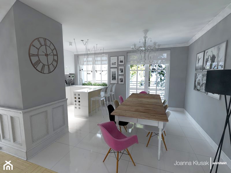 Dom na Woli Justowskiej - Duża biała szara jadalnia jako osobne pomieszczenie, styl skandynawski - zdjęcie od Joanna Kłusak Architekt