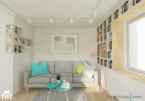 Mieszkanie na Ruczaju - Mały biały salon z bibiloteczką, styl skandynawski - zdjęcie od Joanna Kłusak Architekt