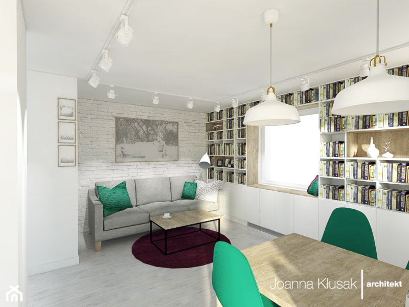 Mieszkanie na Ruczaju - Średni biały salon z jadalnią z bibiloteczką, styl skandynawski - zdjęcie od Joanna Kłusak Architekt