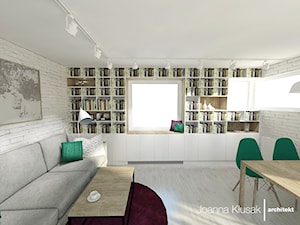 Mieszkanie na Ruczaju - Średni biały salon z jadalnią z bibiloteczką, styl skandynawski - zdjęcie od Joanna Kłusak Architekt