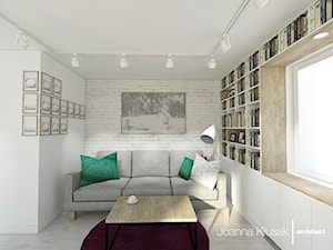 Mieszkanie na Ruczaju - Mały biały salon z bibiloteczką, styl skandynawski - zdjęcie od Joanna Kłusak Architekt