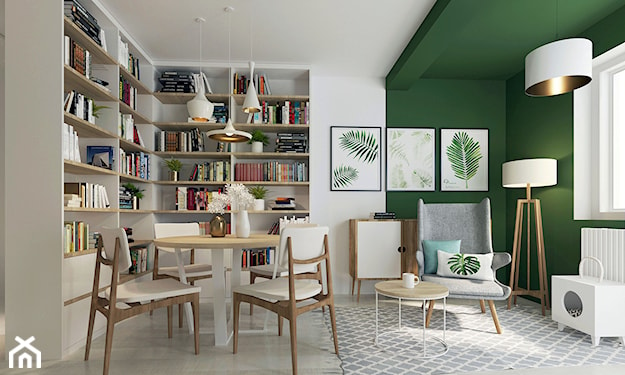 salon w stylu naturalnym z zieloną ścianą