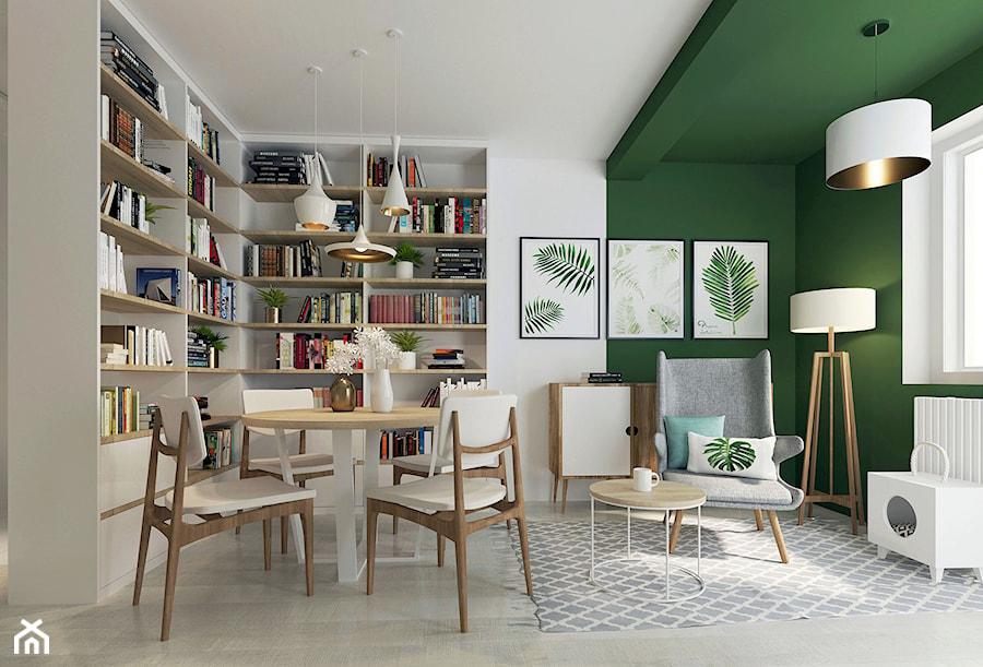 Salon i pracownia - Mały biały zielony salon z jadalnią z bibiloteczką, styl nowoczesny - zdjęcie od Joanna Kłusak Architekt