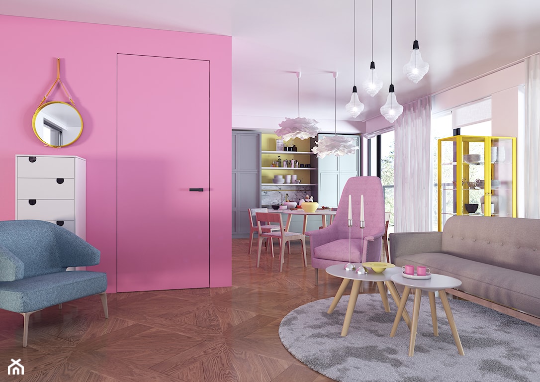 salon vintage, różowe drzwi, minimalistyczne drzwi